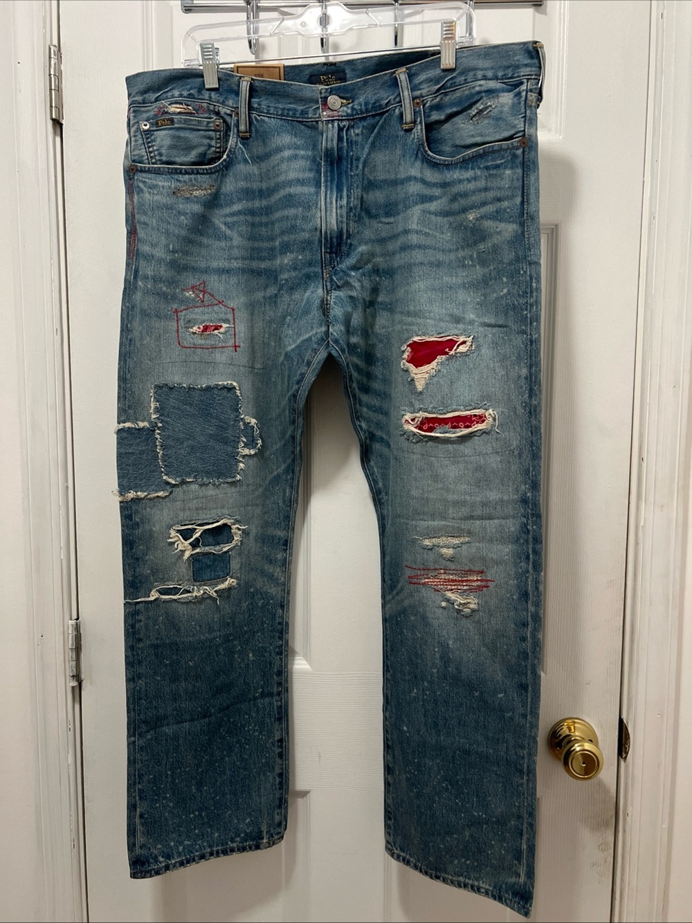 NWT Polo Ralph Lauren Varick Slim Straight Jeans Bandana Distressed Mens 38x30